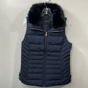 Talbots the Puffer navy blue with fur trim down filled vest size medium. NWT.